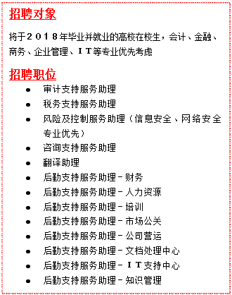文本框:招聘对象
将于2018年毕业并就业的高校在校生,会计、金融、商务、企业管理、IT等专业优先考虑
招聘职位
• 审计支持服务助理
• 税务支持服务助理
• 风险及控制服务助理(信息安全、网络安全专业优先)
• 咨询支持服务助理
• 翻译助理
• 后勤支持服务助理-财务
• 后勤支持服务助理-人力资源
• 后勤支持服务助理-培训
• 后勤支持服务助理-市场公关
• 后勤支持服务助理-公司营运
• 后勤支持服务助理-文档处理中心
• 后勤支持服务助理-IT支持中心
• 后勤支持服务助理-知识管理
• 后勤支持服务助理-风险与质量